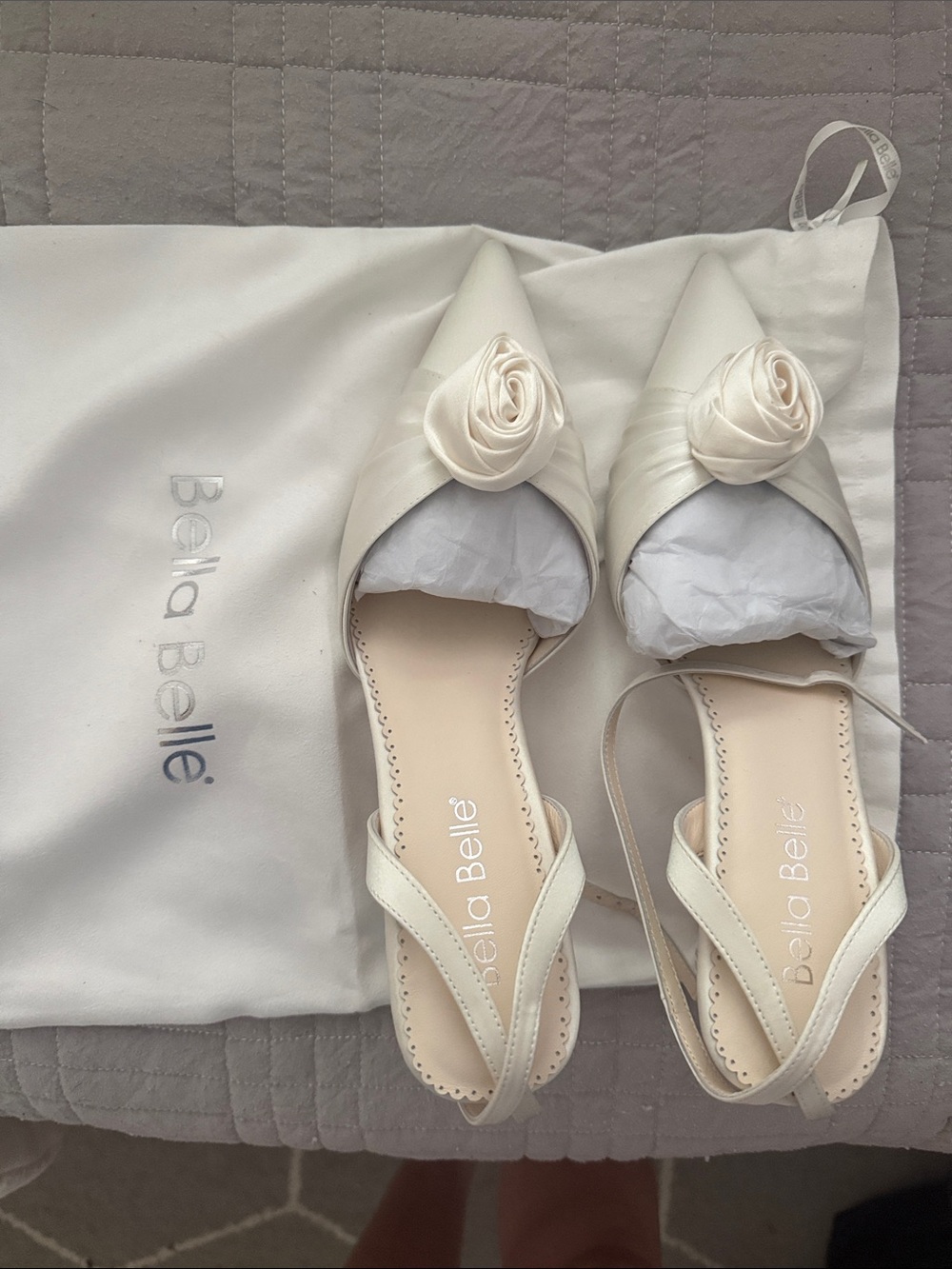 Bella Belle Ivory Satin Pointed Slingback Heels with Rosette